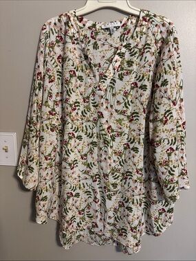 Chaus Cream blouse with Green Leaf & Pink Floral Print